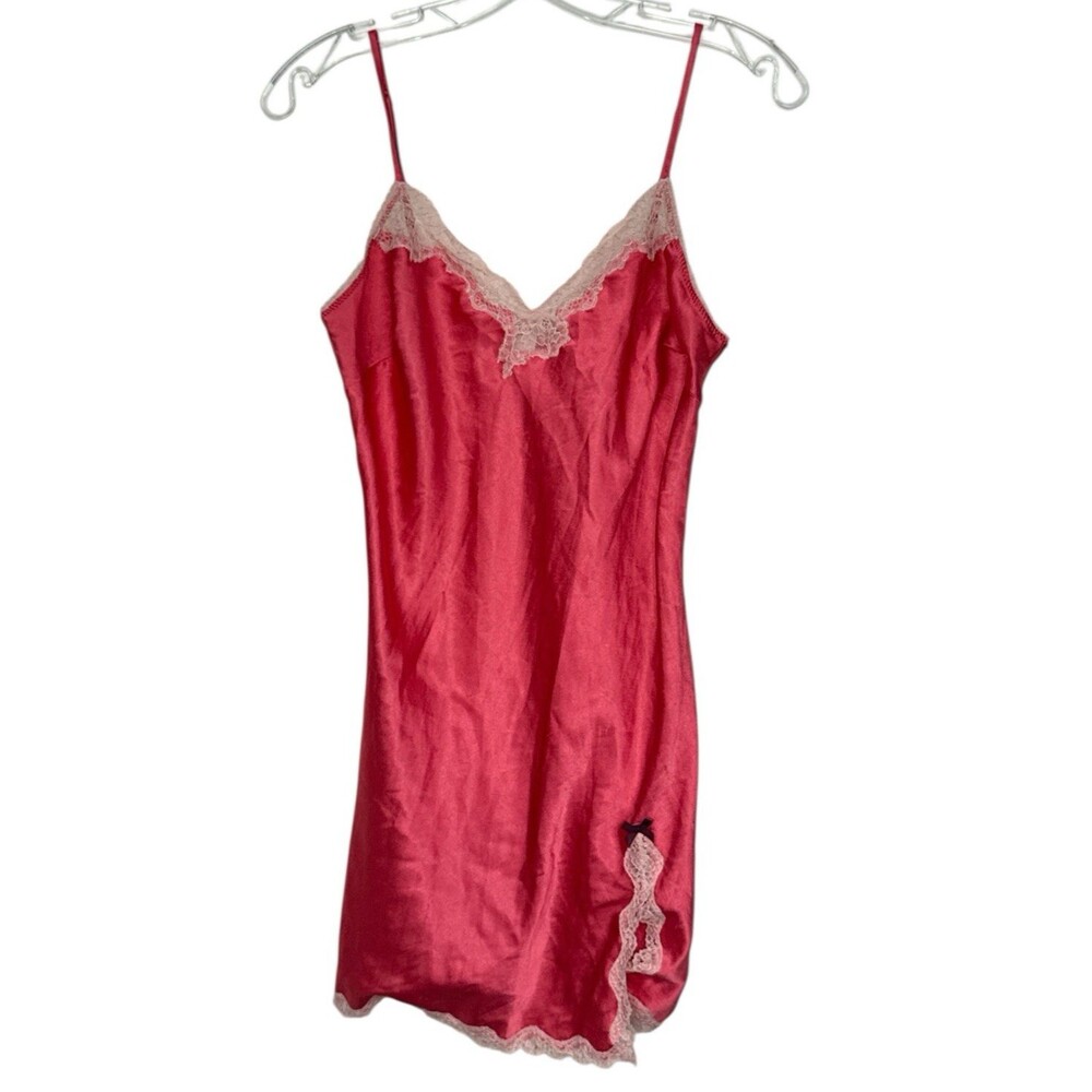 Victorias Secret Pink Lace Trim Satin Jacquard Chemise Slip Dress Medium